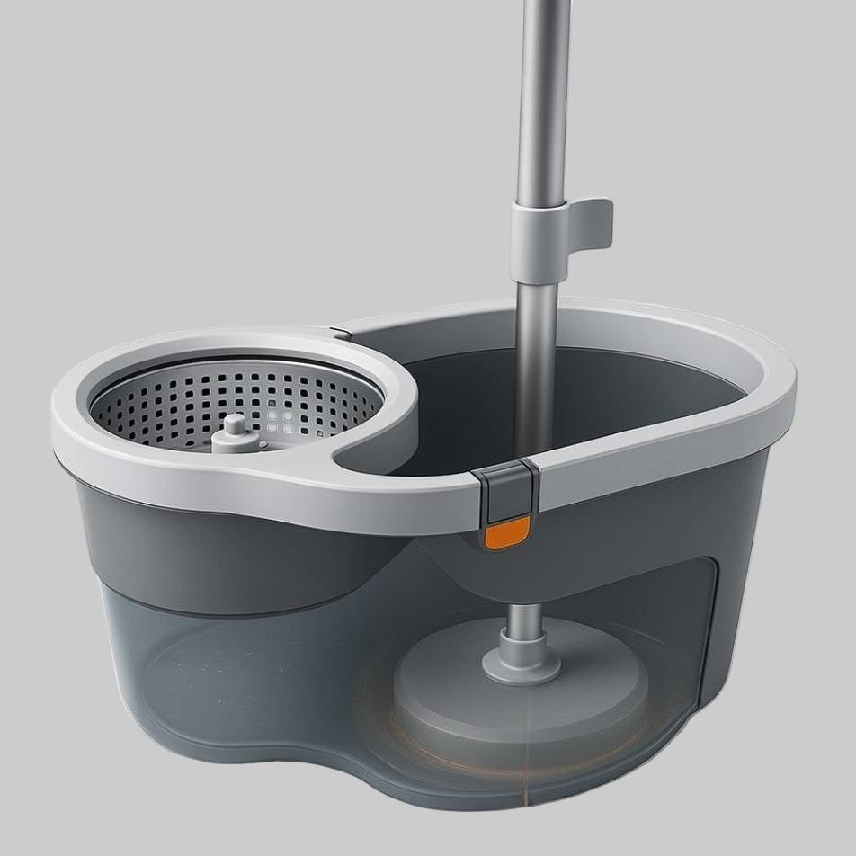 Gray mop bucket with rotating head on a white background